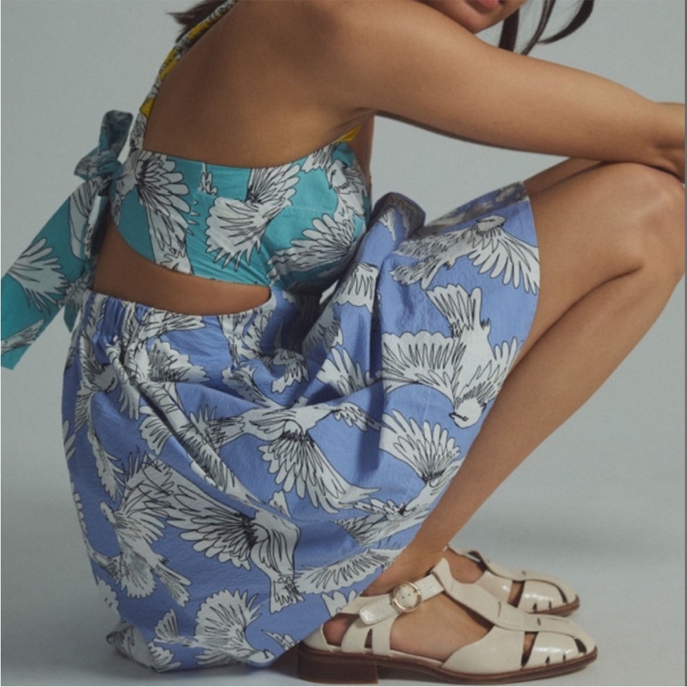 Anthropologie Maeve Tropical Bird Print Cutout Tie Back Mini Dress 2 - Picture 13 of 16